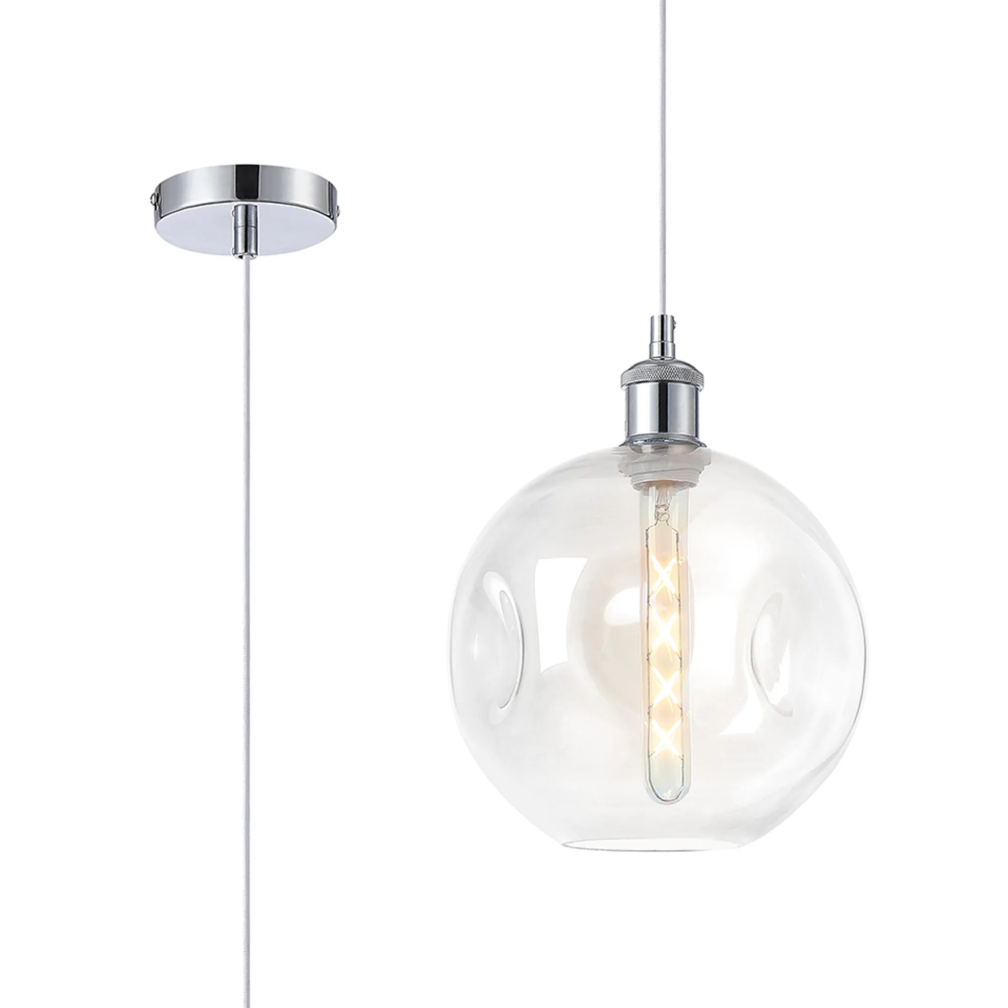DK1136  Cawdor Single Pendant, 1 Light E27, Polished Chrome/White/Clear Dimple Glass